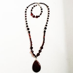 Fashion Jewelry Necklace Bracelet Set Brown Wooden Acrylic Beaded Stone Pendant